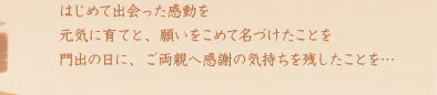 はじめて出会った感動を。元気に育てと、願いをこめて名づけたことを。門出の日にご両親への感謝の気持ちを残したことを・・・。